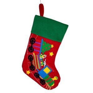 Christmas Holiday Train Embroidered Red & Green Felt Stocking 17"